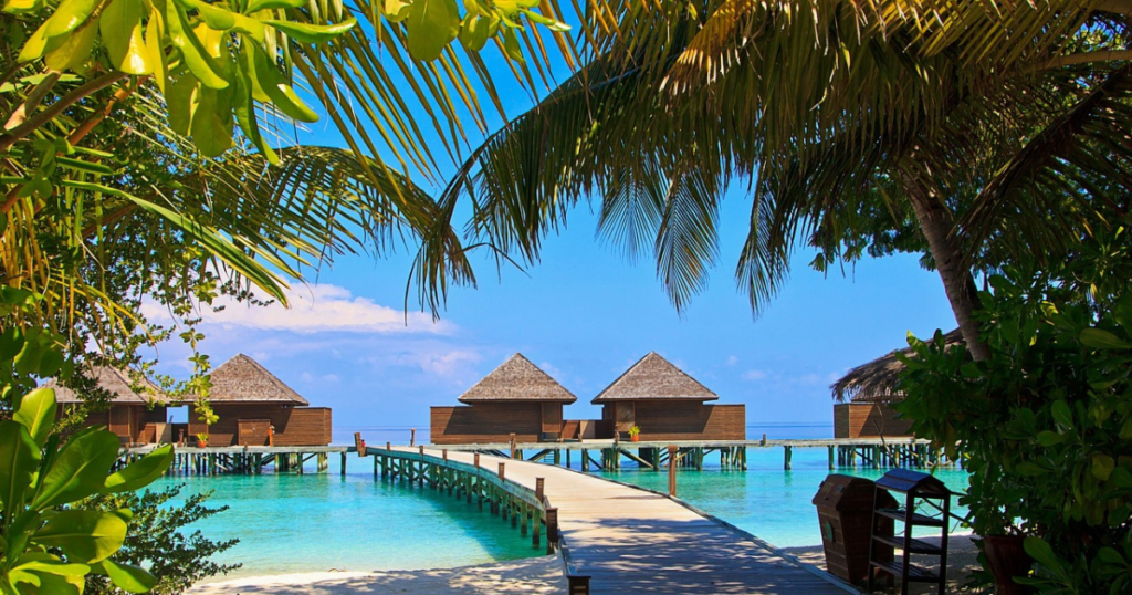 Beach at Maledives with palm trees and wooden houses in the water. 