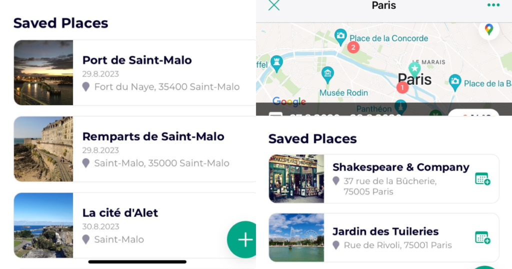 Lambus screenshot. Saved places for an example itinereary in Paris and Saint Malo. 