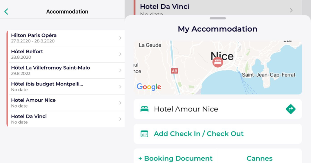 Screenshot lambus app. It shows the accomonations in a list with date and name of hotel. 