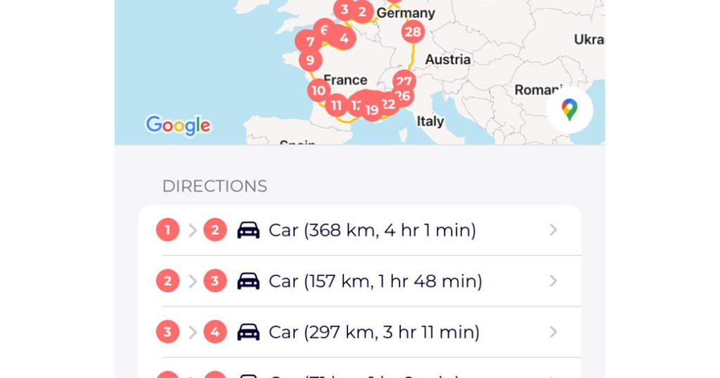 Screenshot of lambus app. travel planning tool. Shows a map of europ with the itinerary and the distance between the single waypoints by car. 