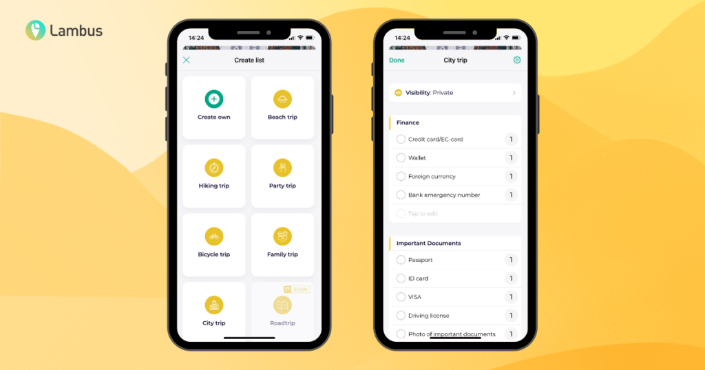 screenshots of packing lists in the lambus app