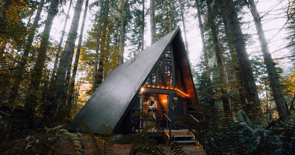 picture of house in the woods. the house looks like it just has a roof and no walls. in front of the door is a woman standing and looking in the wood.