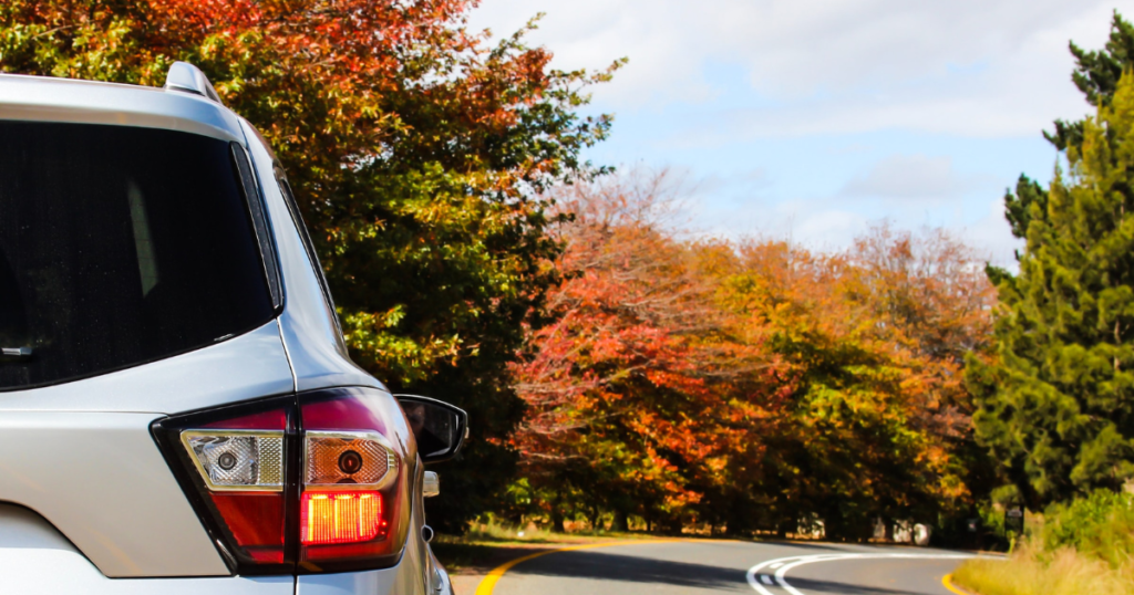 a car is driving through a autum landscape. it might the a relocation rental 