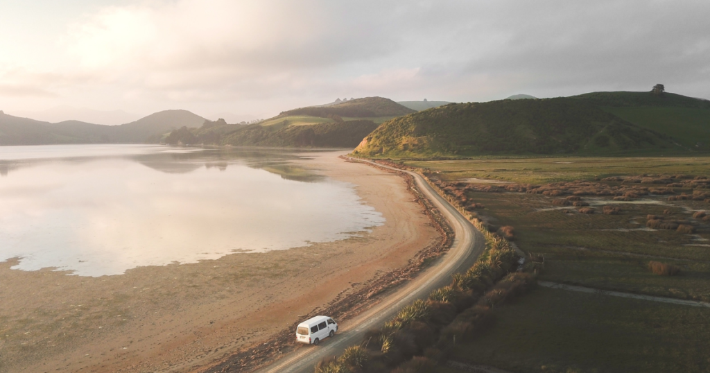 Van driving on a scenic road