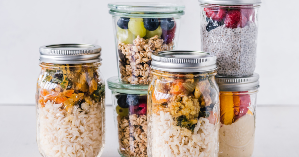 prepared vegan food in glasses. rice and vegetables. looks like a vegan and delicious preparation for a vegan travel