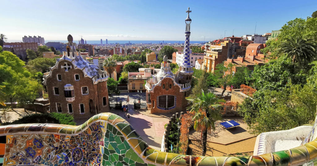 Park Guell in Barcelona; Spain and viwe over the City 