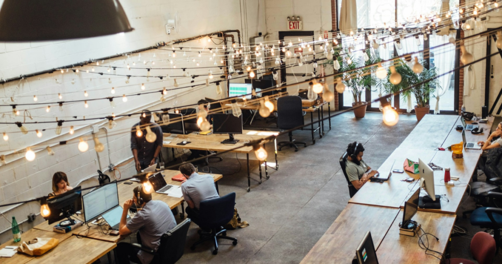 People work remotely in a coworking space