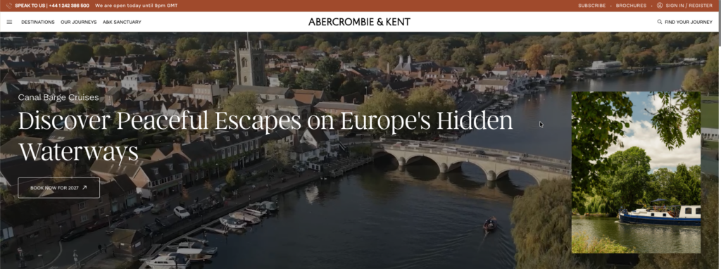 Homepage screen of the website Abercrombie & Kent