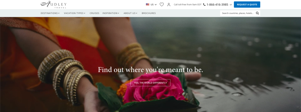 Homepage screen of the website Audley Travel