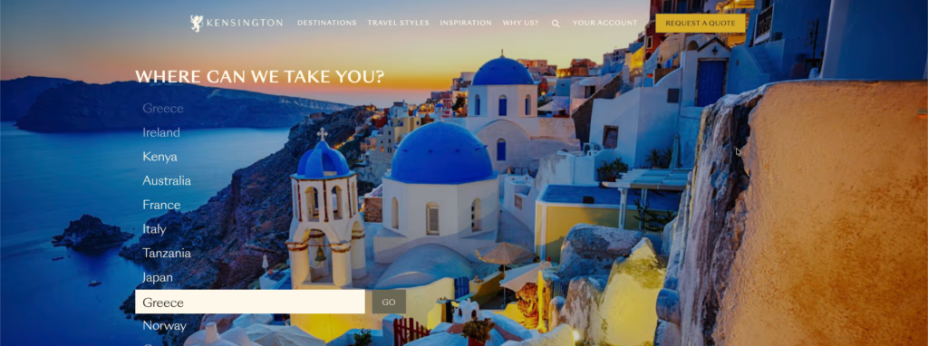 Homepage screen of the website Kensington