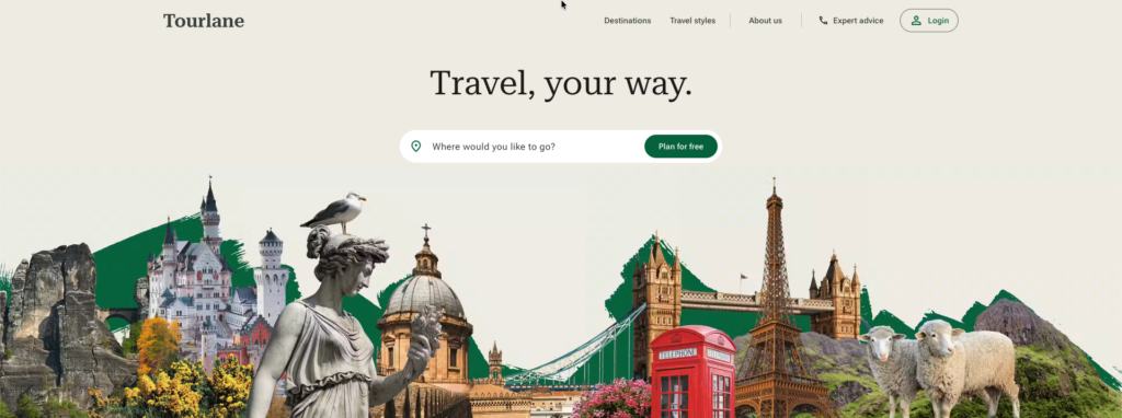Homepage screen of the website Tourlane