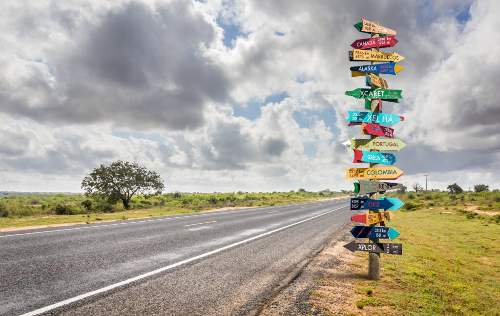 Sign with different directions to a number of countries and cities, close to a road